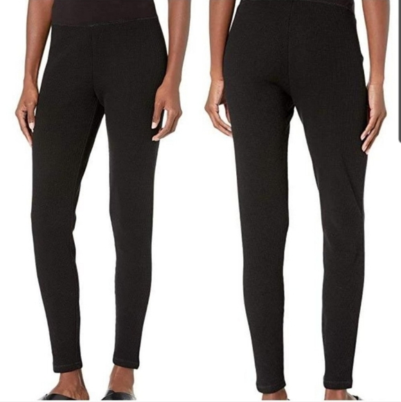 NWT Eileen Fisher Slim Black Tencel Nylon Stretch Ribbed Pull-On Pants (L) #0178
